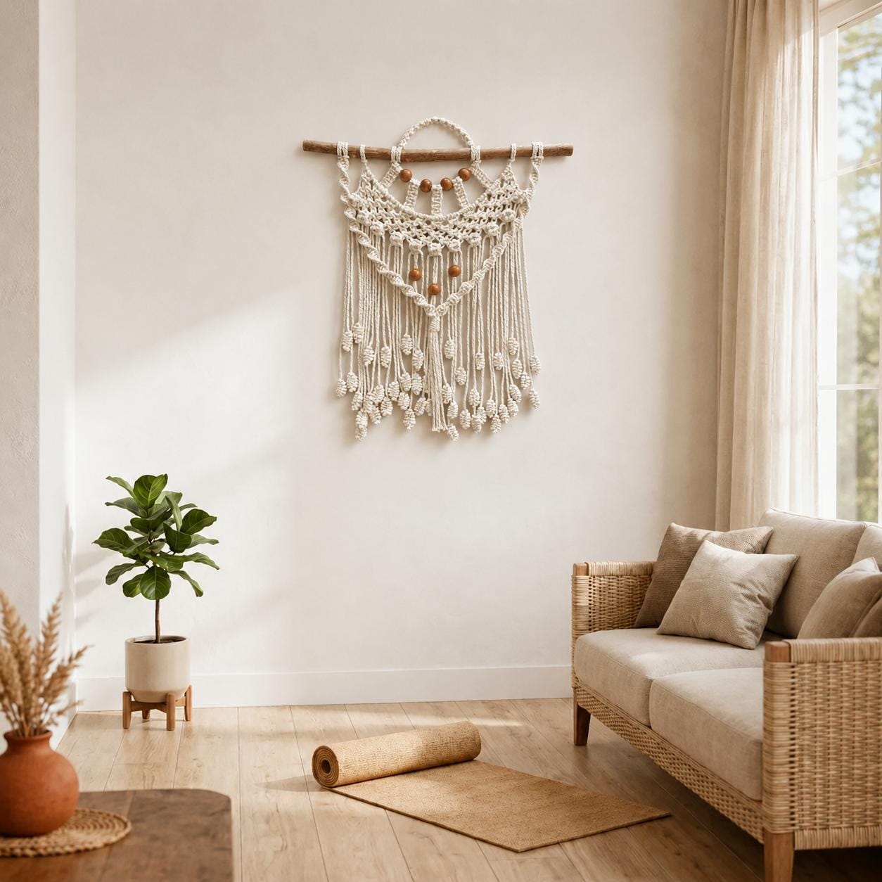 Empress – Macramé de Parede Artesanal em Algodão, Contas de Madeira e Madeira Flutuante, 62cm