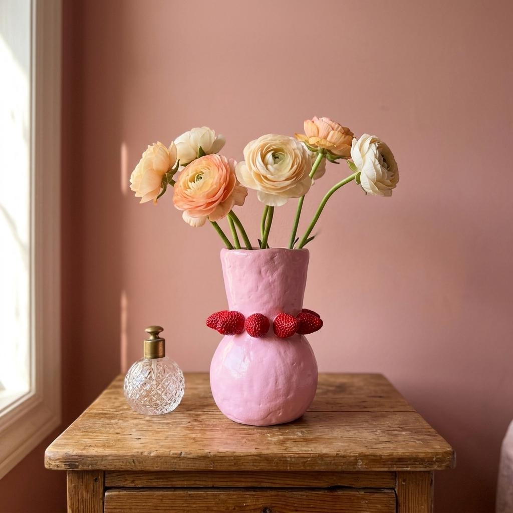 Erdbeer-Vase – Handgemachte Skulptur aus lufthärtendem Ton mit geformten Frucht-Details
