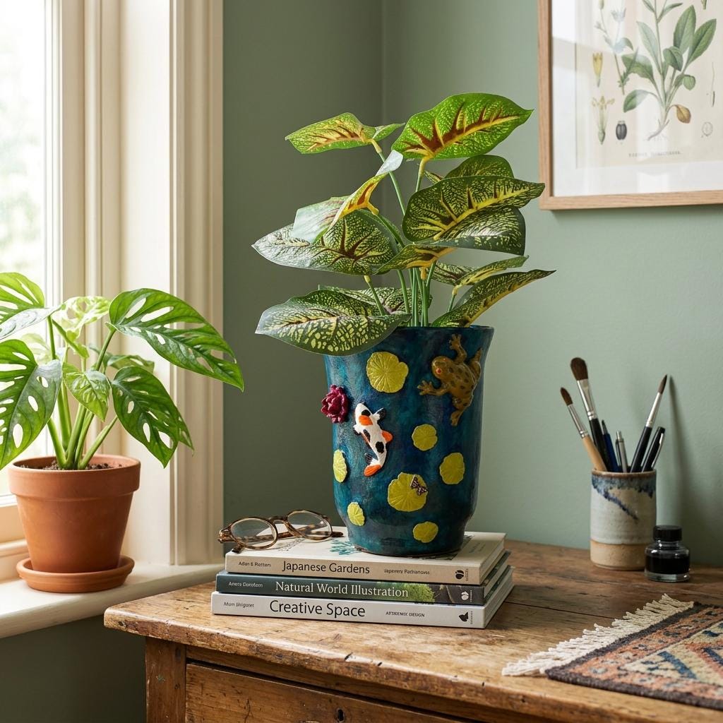 A potted Calathea plant in a decorative blue ceramic pot with yellow koi fish and lily motifs, displayed on a wooden desk next to a window with another plant.