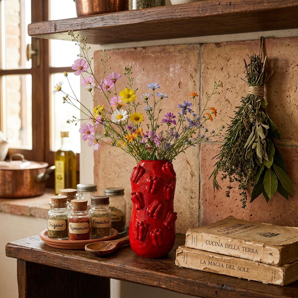 Vase mit roten Chilischoten – Handgemachte Skulptur aus lufthärtendem Ton mit geformten Chilischoten
