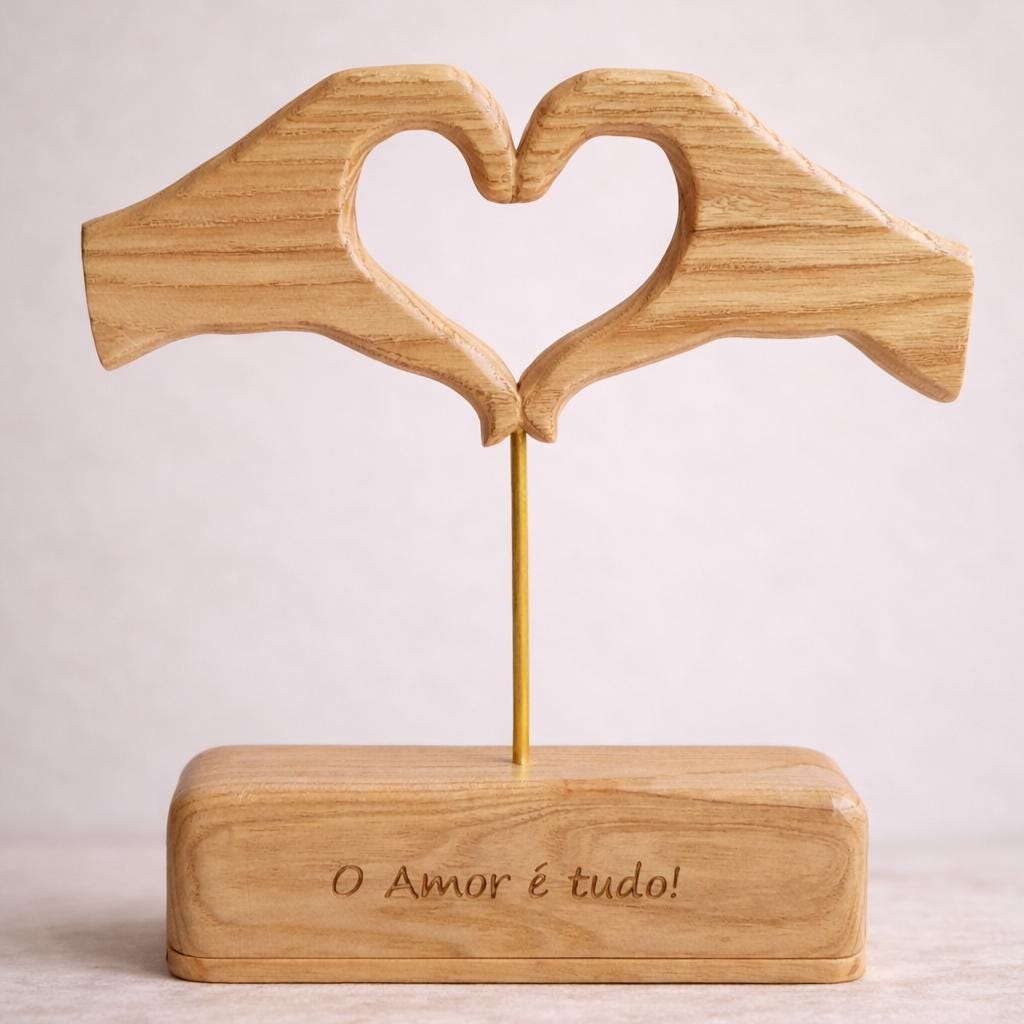 O Amor é Tudo – Escultura Artesanal de Coração em Madeira com Suporte Dourado