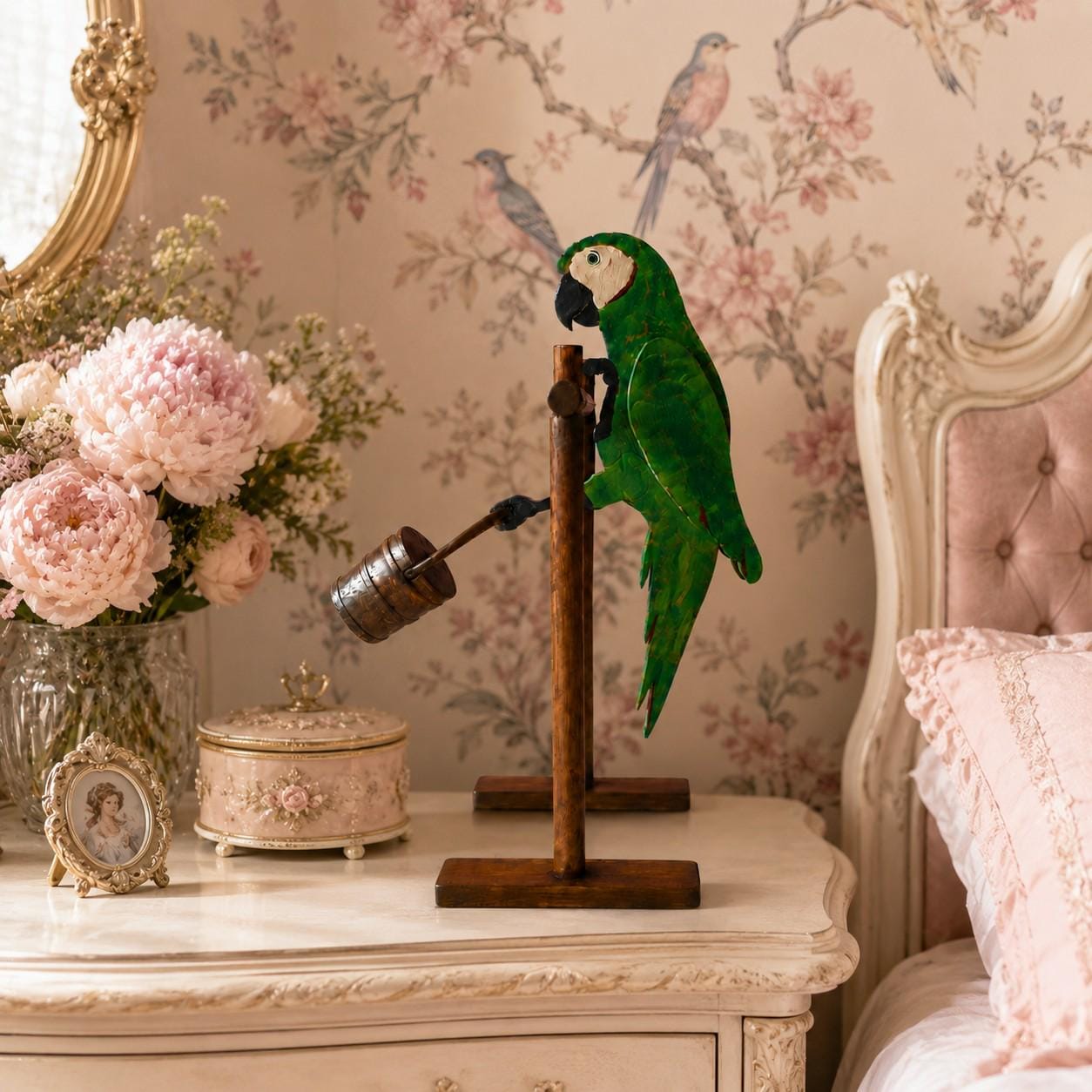 Handbemalte Holz-Papagei-Skulptur – Balancierender Vogel mit schwingendem Fass