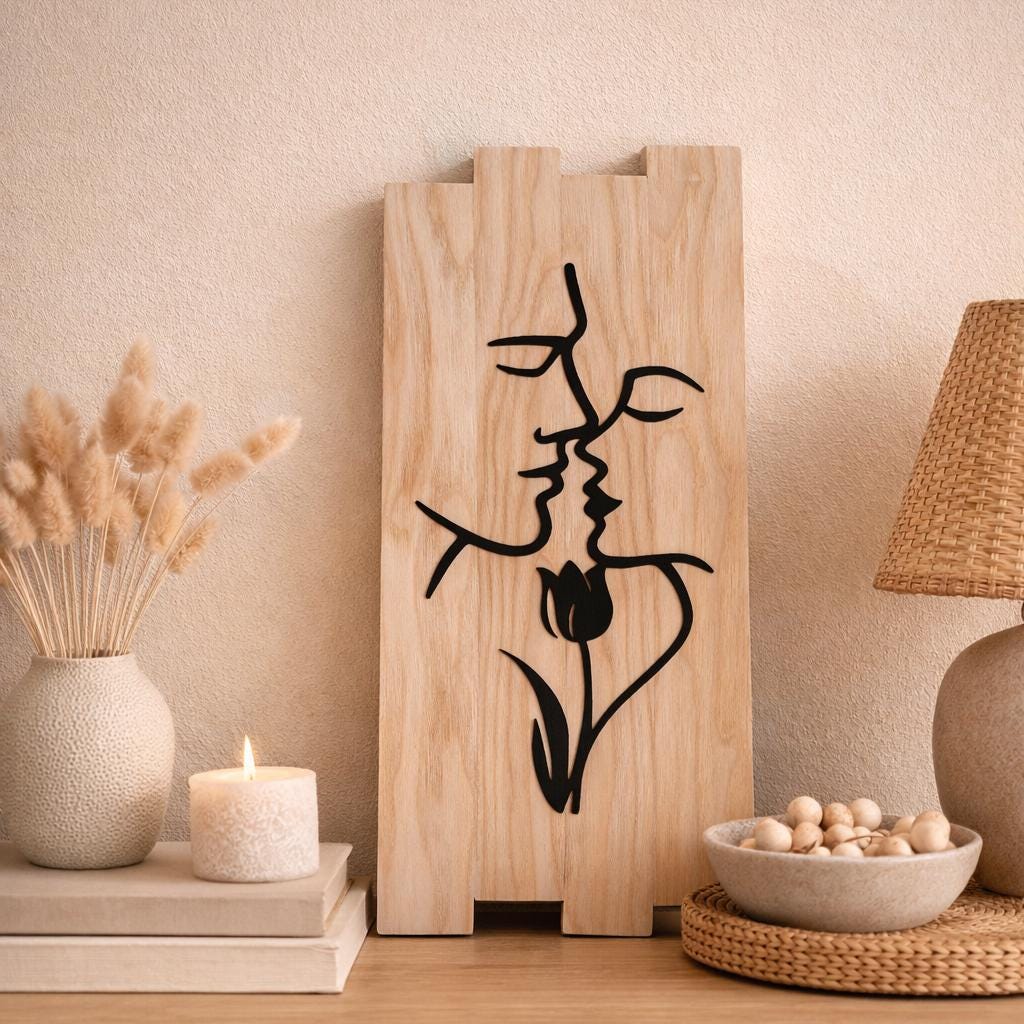 Entre Olhares – Handgefertigte minimalistische Line-Art-Holzwanddekoration mit Blumendetail