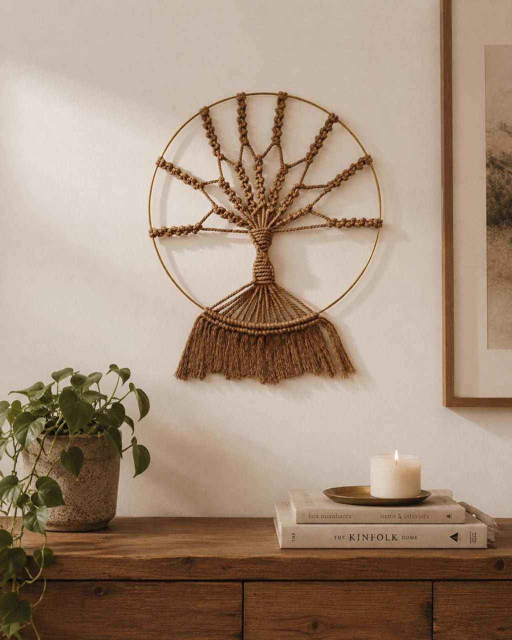 Árvore Genealógica em Macramé – Algodão e Argola Dourada, Feita à Mão