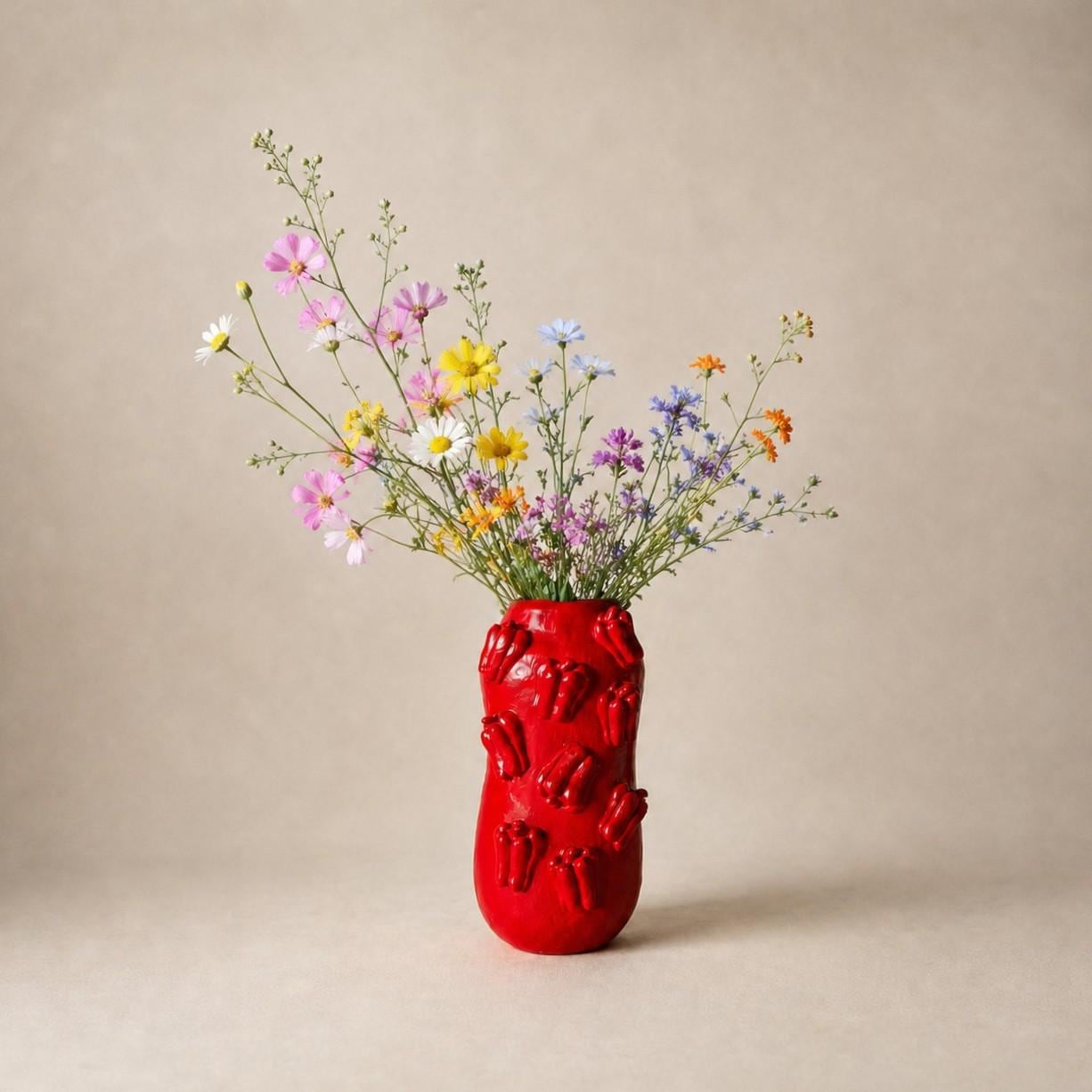 Vase mit roten Chilischoten – Handgemachte Skulptur aus lufthärtendem Ton mit geformten Chilischoten
