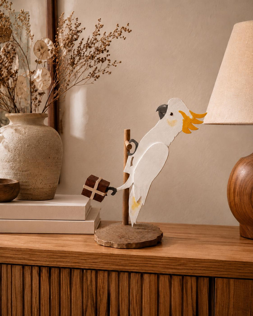Cockatoo Sculpture – Handmade Wooden Tropical Bird Figurine with Parcel Detail