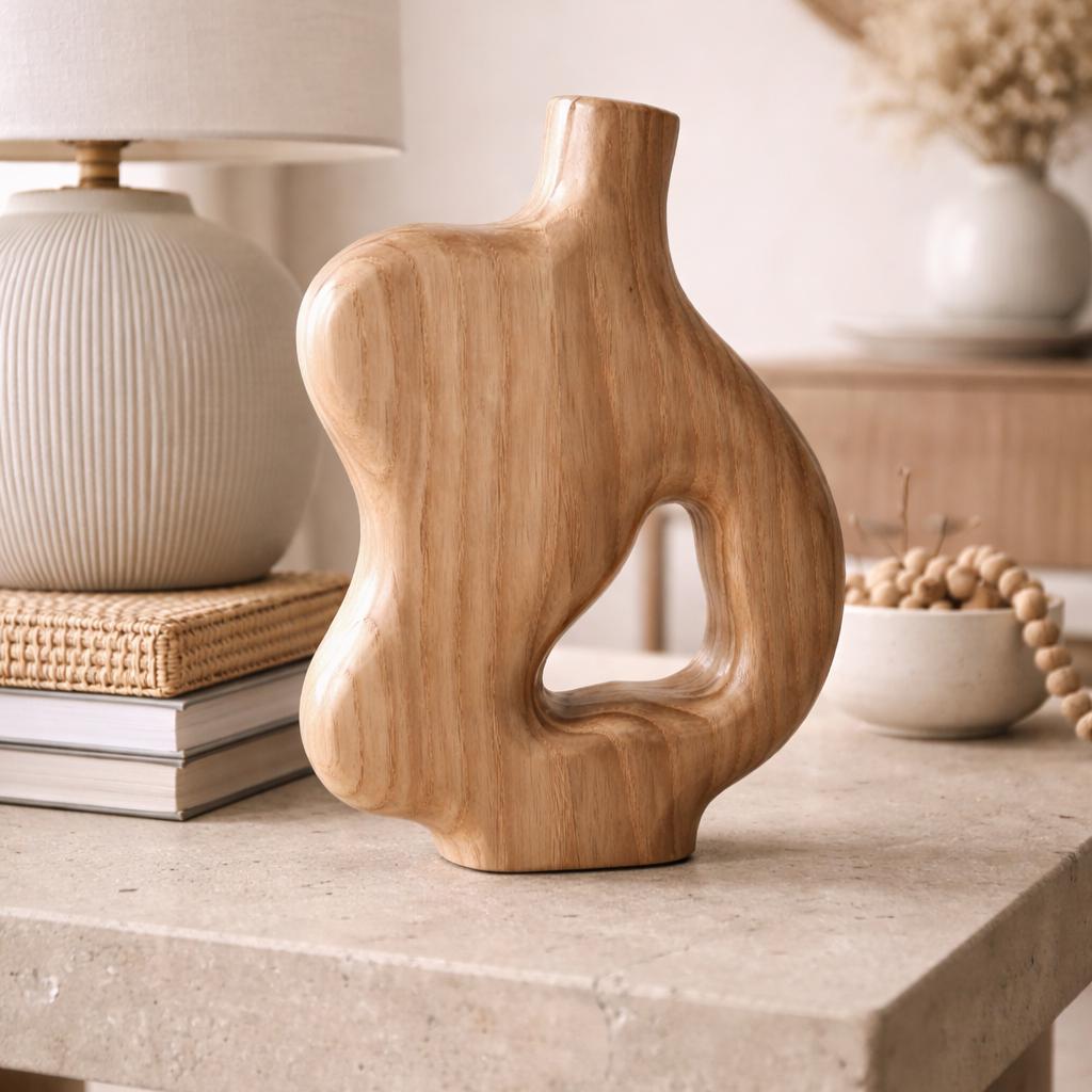 Abstract Wooden Vase – Hand-Carved Organic Wood Sculpture with Negative Space