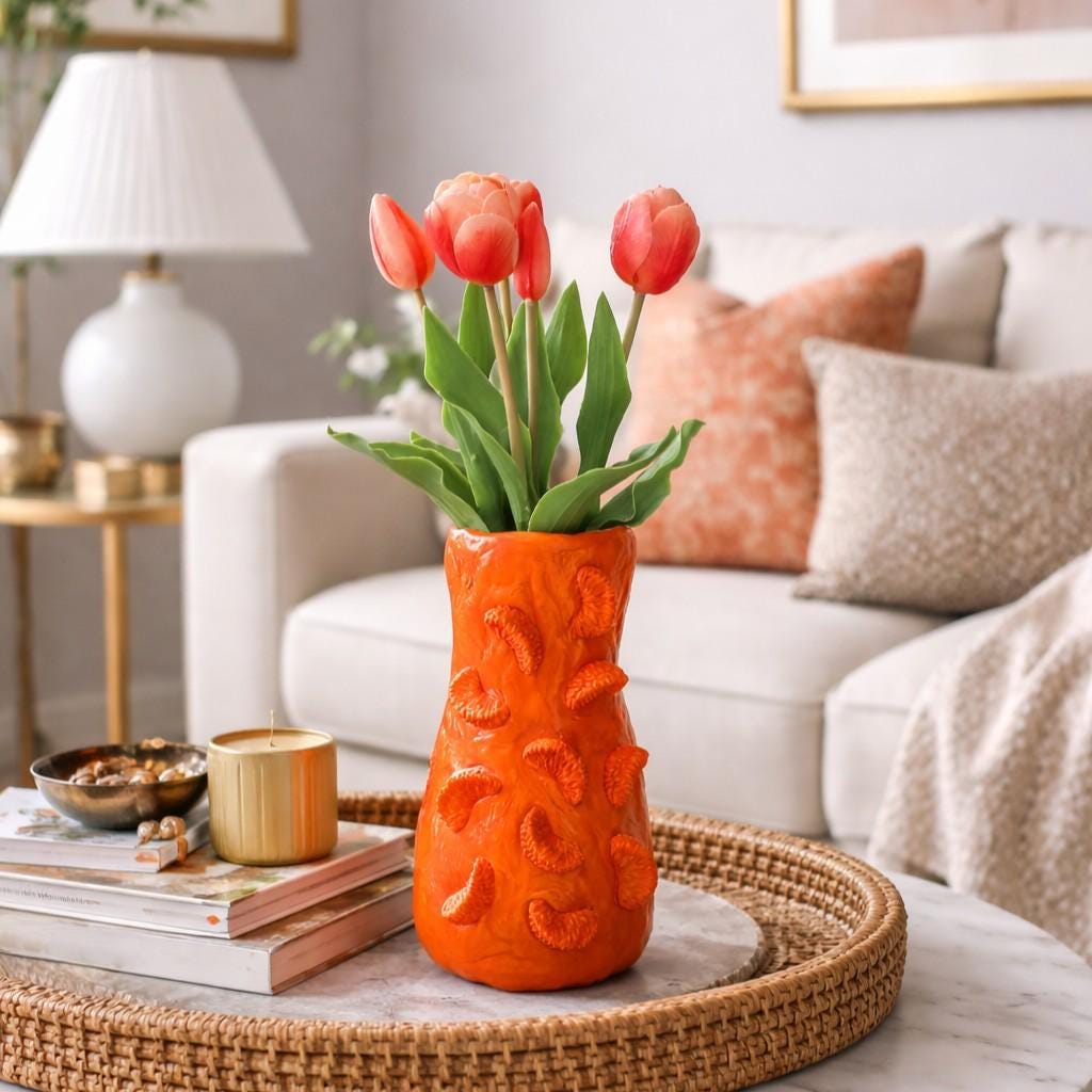 Orange Vase – Handgemachte Skulptur aus lufthärtendem Ton mit geformten Zitrusscheiben