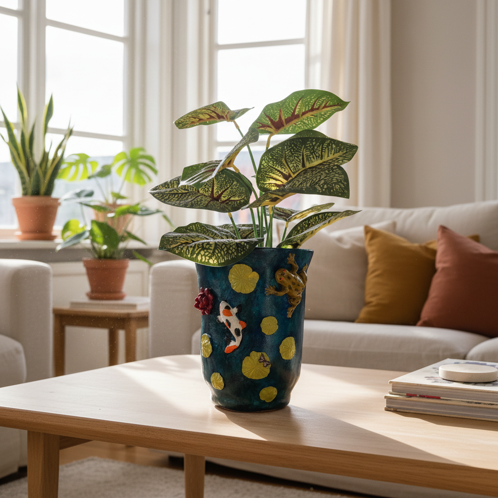A potted caladium plant with green and yellow variegated leaves in a dark blue ceramic pot decorated with yellow polka dots and koi fish, sitting on a light-colored surface against a pale wall.