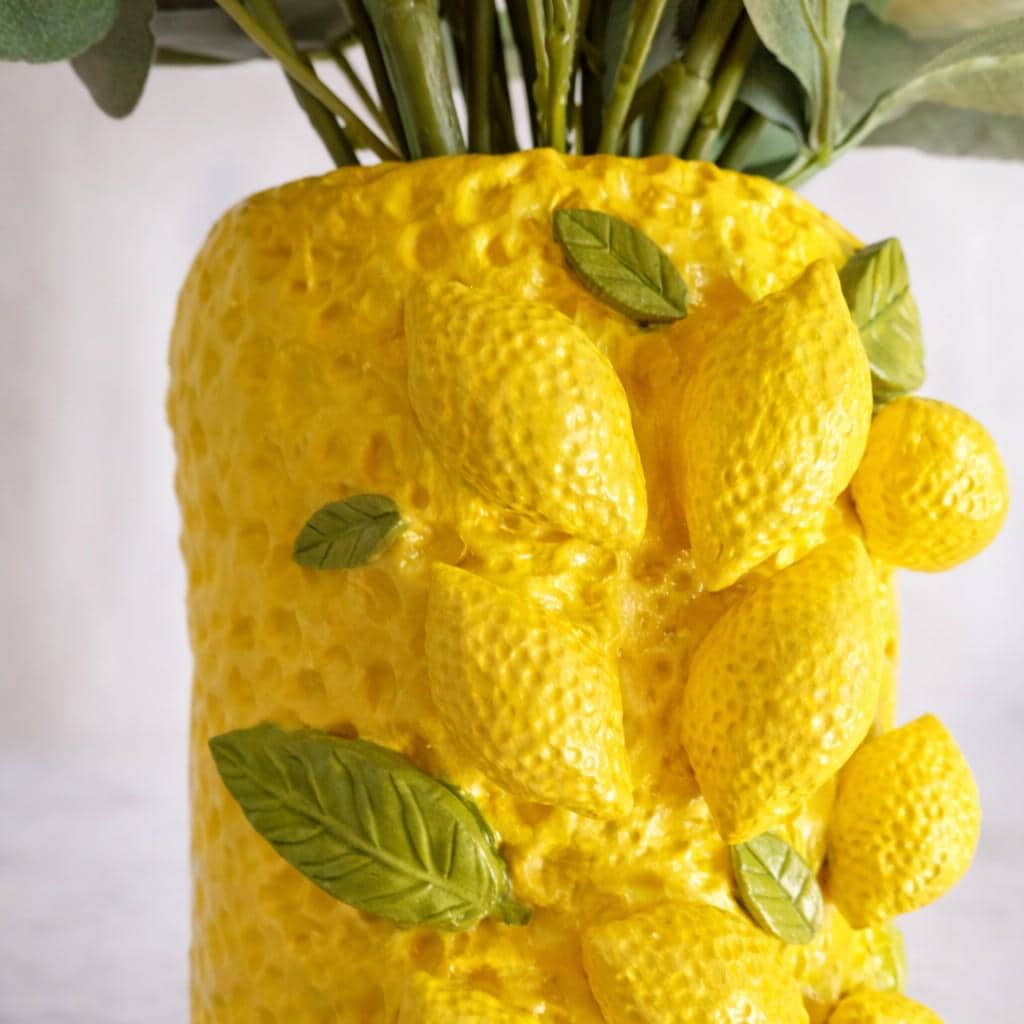 Lemon Vase – One-of-a-Kind Handmade Air Dry Clay Sculpture with Sculpted Citrus & Leaves