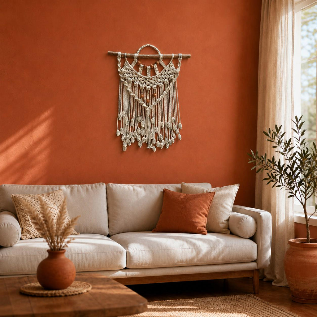 Empress – Macramé de Parede Artesanal em Algodão, Contas de Madeira e Madeira Flutuante, 62cm