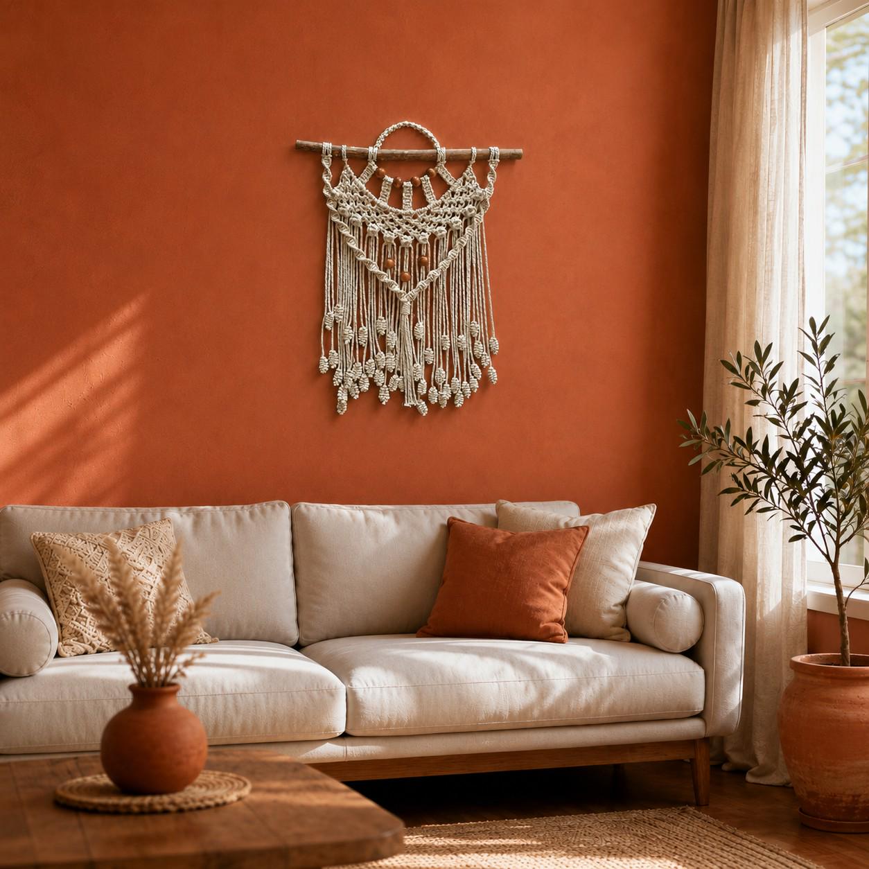 Empress – Macramé de Parede Artesanal em Algodão, Contas de Madeira e Madeira Flutuante, 62cm