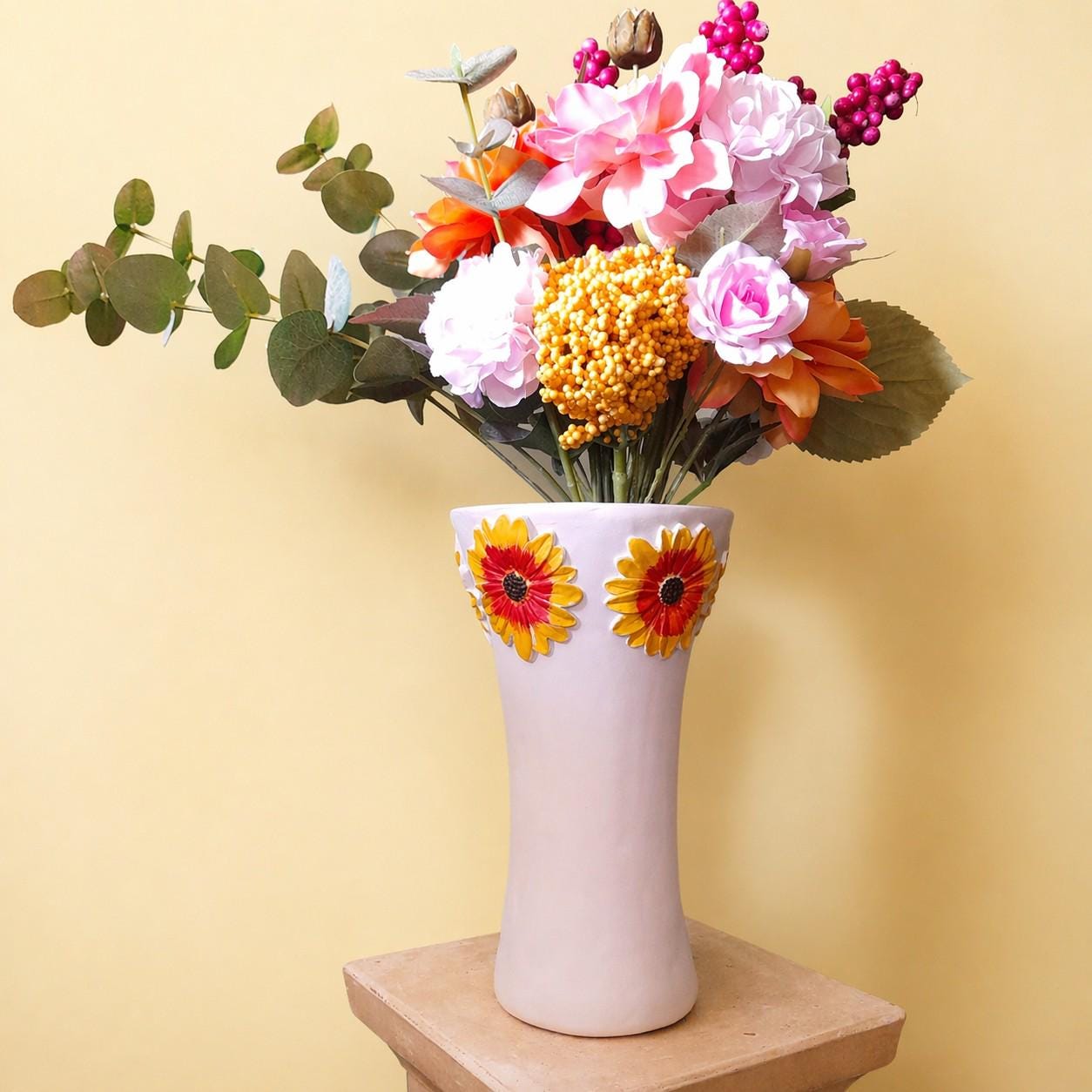 Gerbera Vase – Handmade Air Dry Clay Sculpture with Yellow Floral Relief