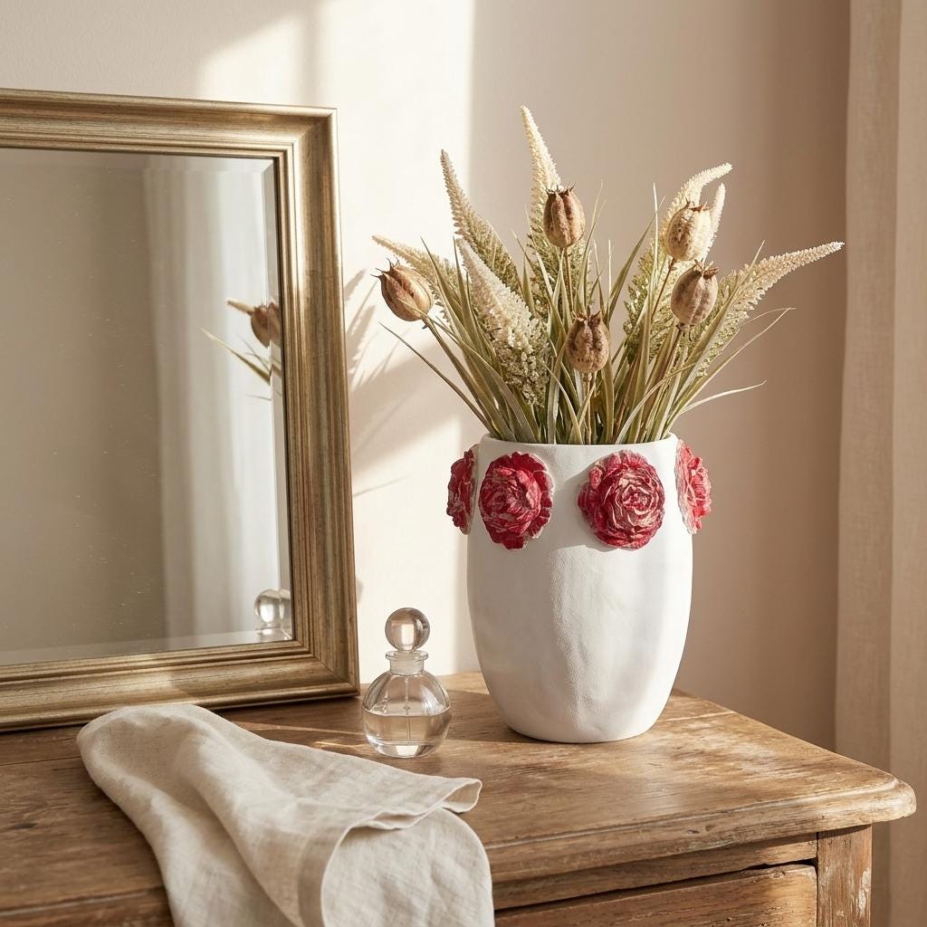 Jarra Camélia – Escultura Artesanal em Argila com Relevo Floral Vermelho