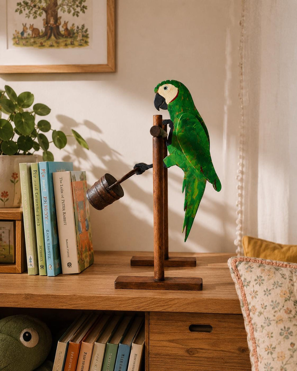 Handpainted Wooden Parrot Sculpture – Balancing Bird with Swinging Barrel
