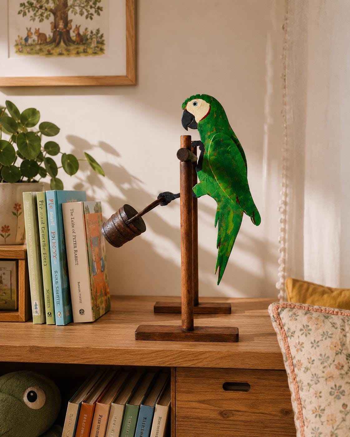 Handpainted Wooden Parrot Sculpture – Balancing Bird with Swinging Barrel