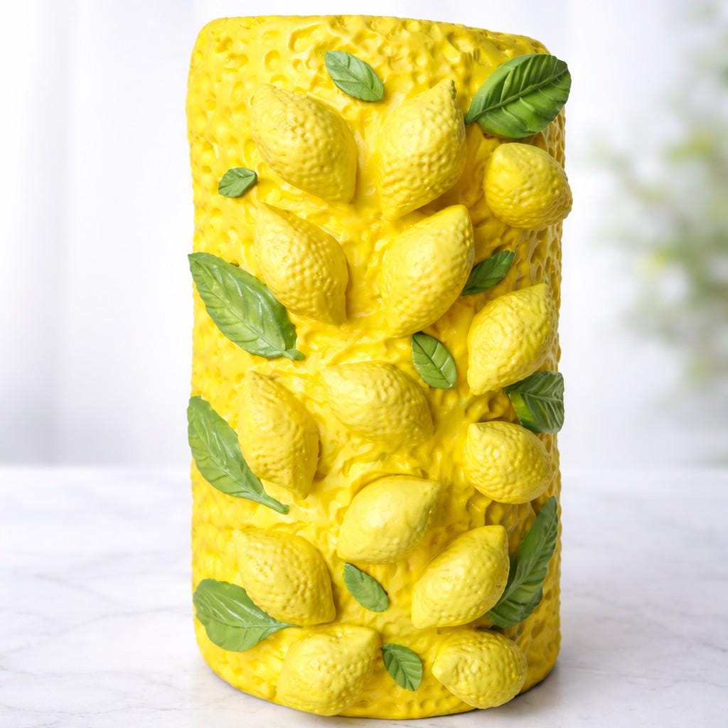 Lemon Vase – One-of-a-Kind Handmade Air Dry Clay Sculpture with Sculpted Citrus & Leaves