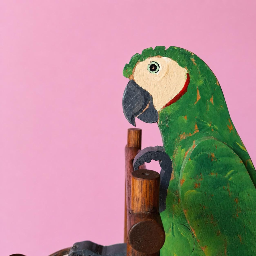 Handpainted Wooden Parrot Sculpture – Balancing Bird with Swinging Barrel