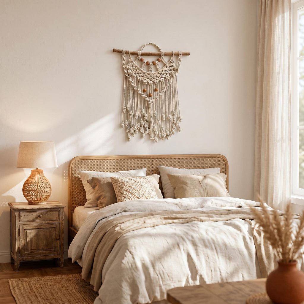 Empress – Macramé de Parede Artesanal em Algodão, Contas de Madeira e Madeira Flutuante, 62cm