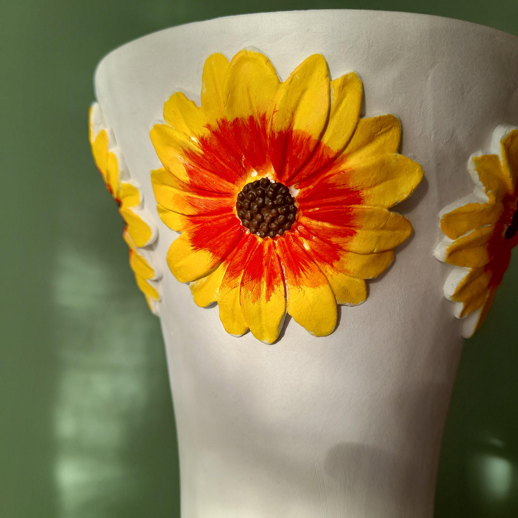Gerbera Vase – Handmade Air Dry Clay Sculpture with Yellow Floral Relief