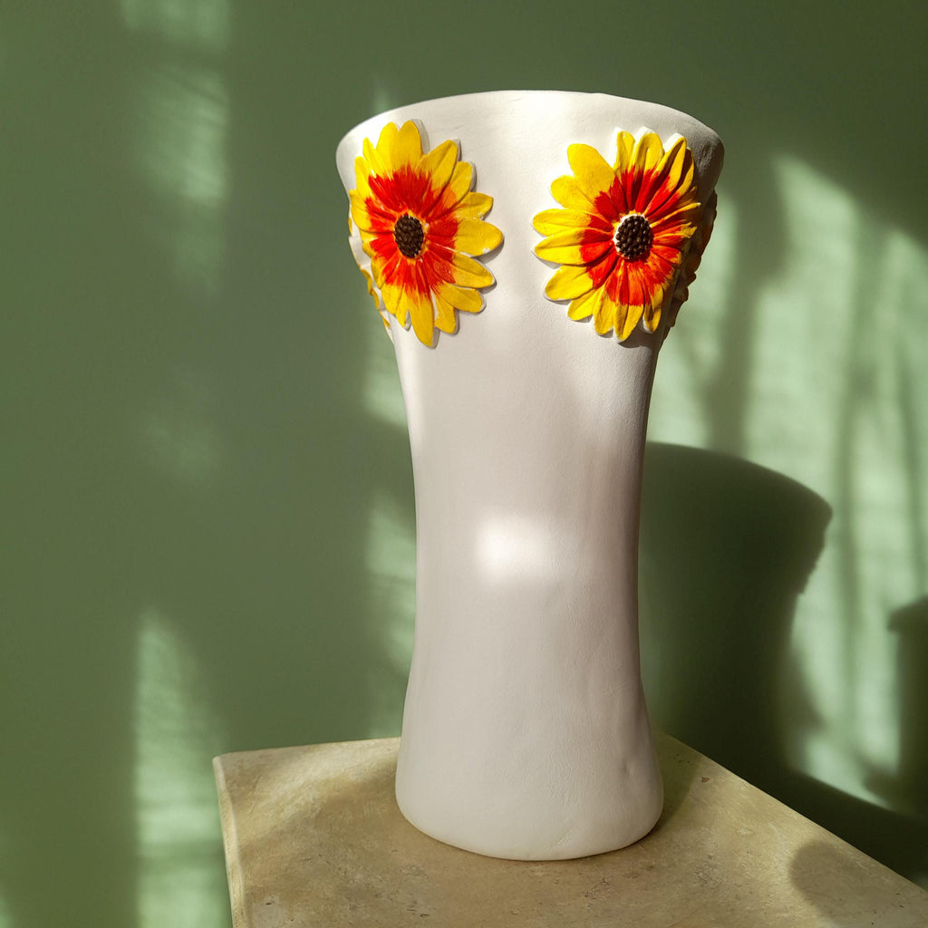 Gerbera Vase – Handmade Air Dry Clay Sculpture with Yellow Floral Relief