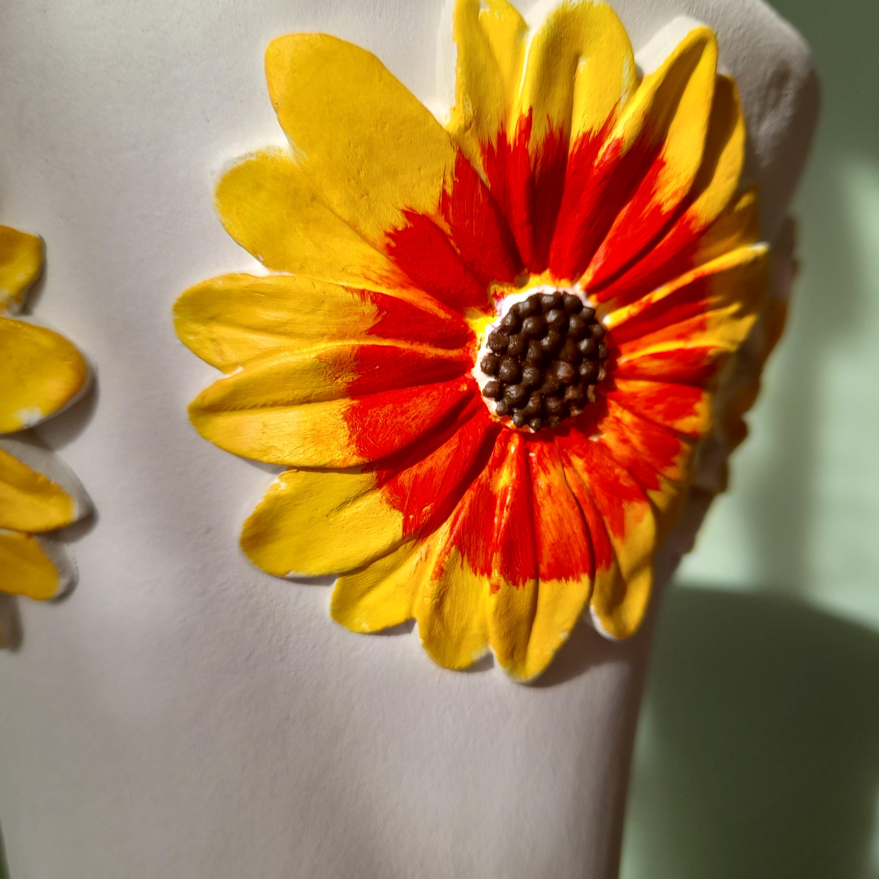 Gerbera Vase – Handmade Air Dry Clay Sculpture with Yellow Floral Relief