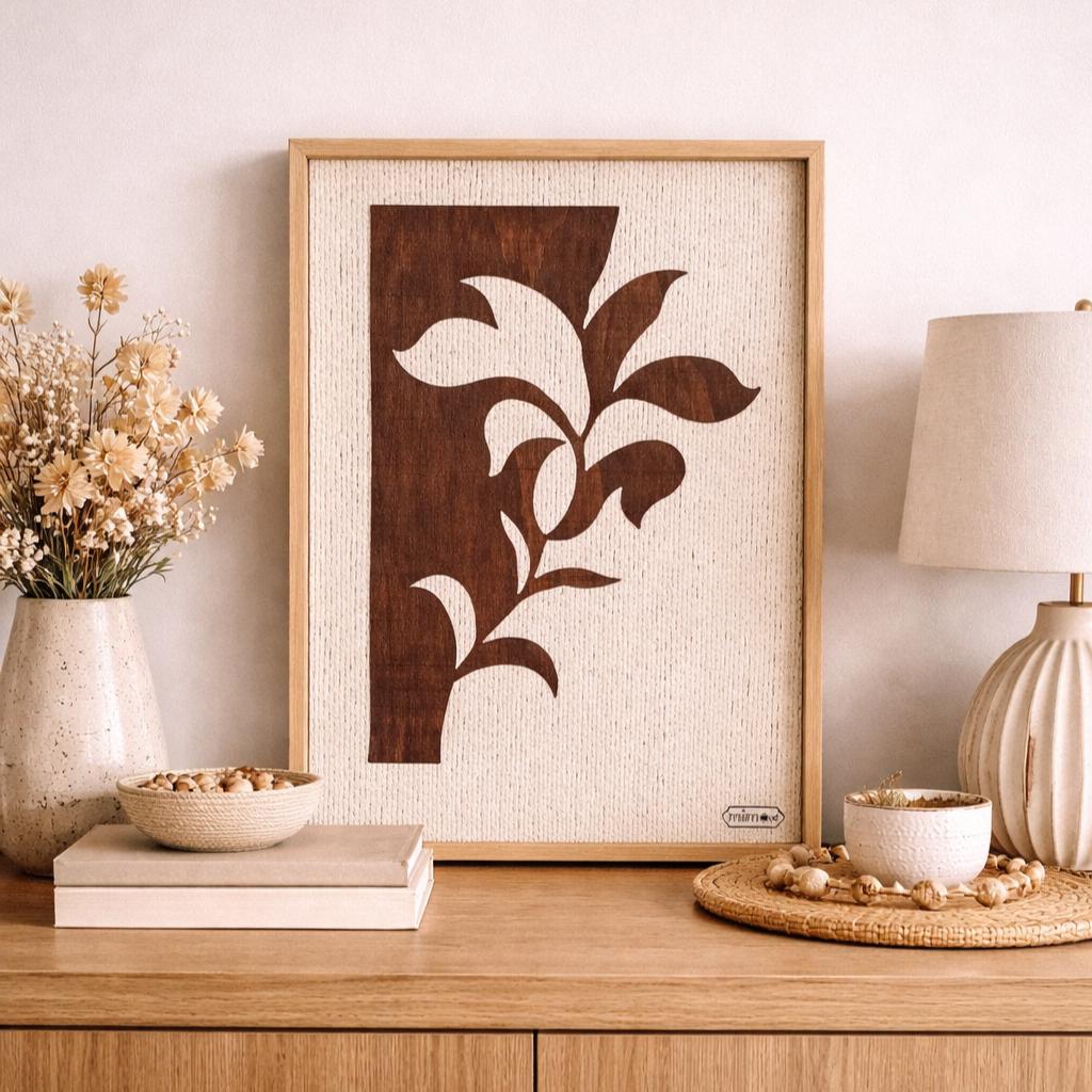 Folhagem in Stille – Handgemachte, minimalistische Blatt-Wandkunst aus dunklem Holz & Baumwollseil