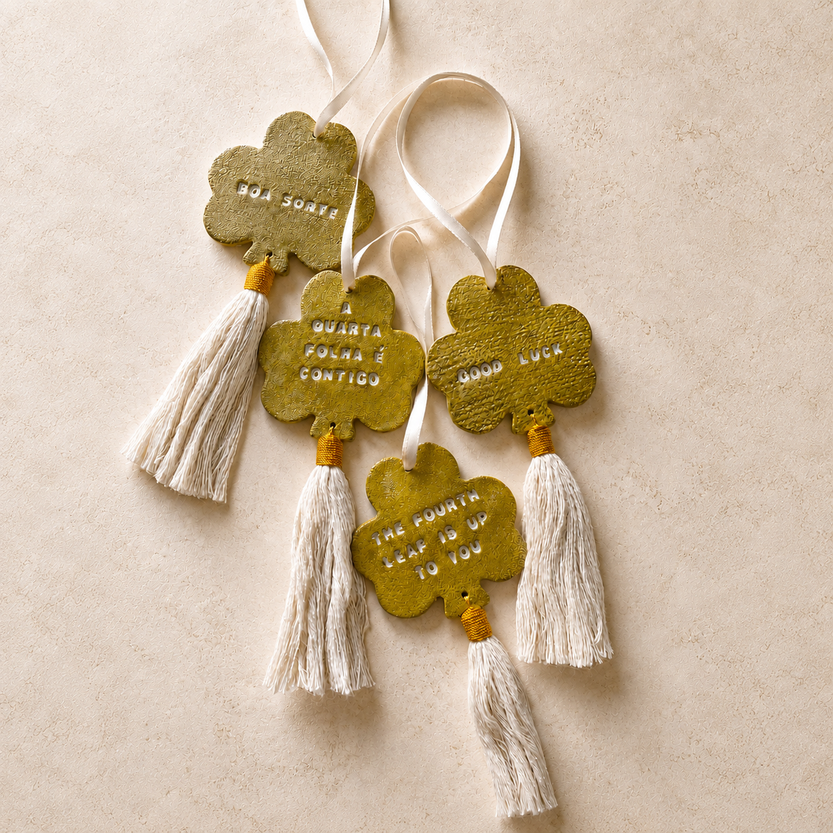 Lucky Clover Hanging Charm Handmade Air Dry Clay and Cotton - Good Luck Gift
