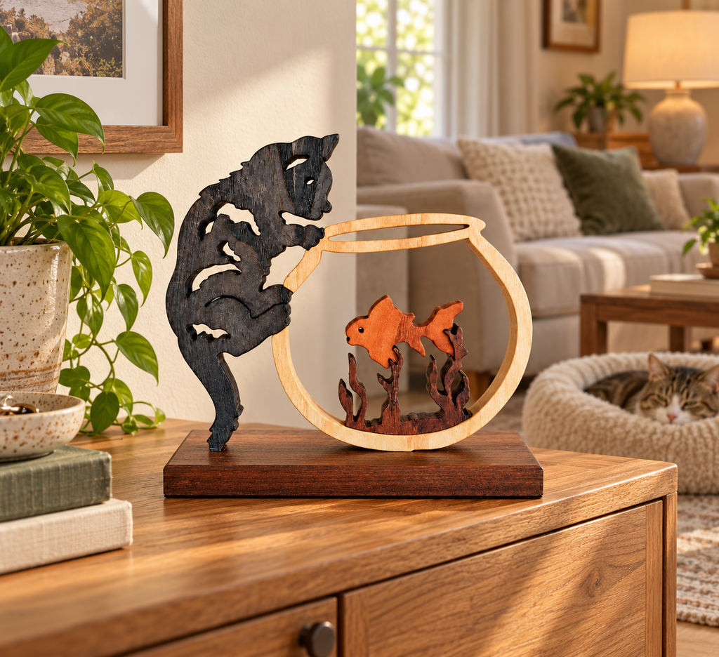 Feline Curiosity – Handmade Wooden Cat and Fish Sculpture