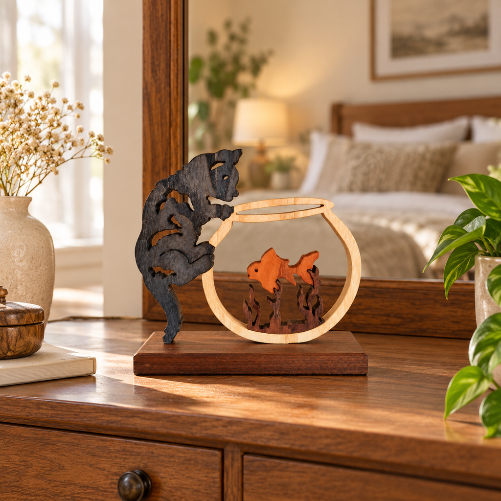 Feline Curiosity – Handmade Wooden Cat and Fish Sculpture
