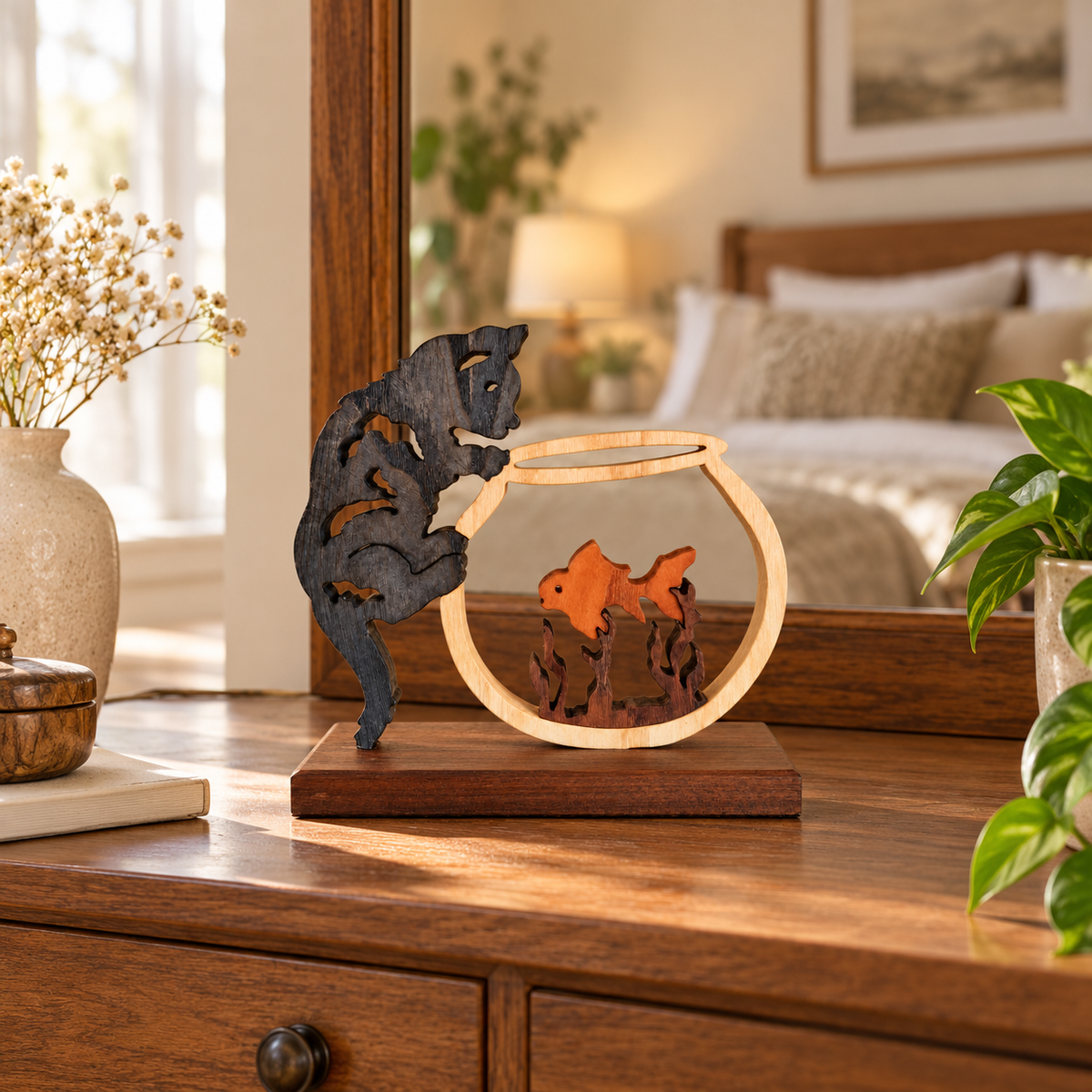 Feline Curiosity – Handmade Wooden Cat and Fish Sculpture