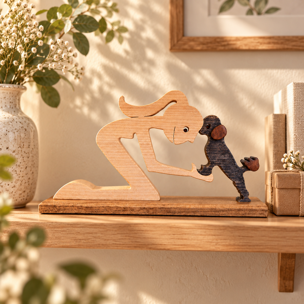 Girl and Poodle Companions, Handmade Wooden Sculpture