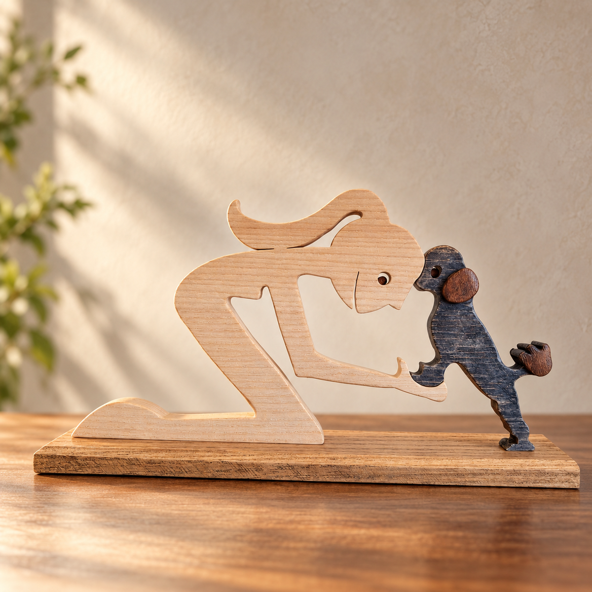 Girl and Poodle Companions, Handmade Wooden Sculpture