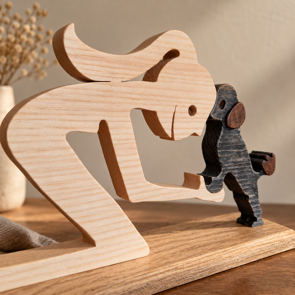Girl and Poodle Companions, Handmade Wooden Sculpture