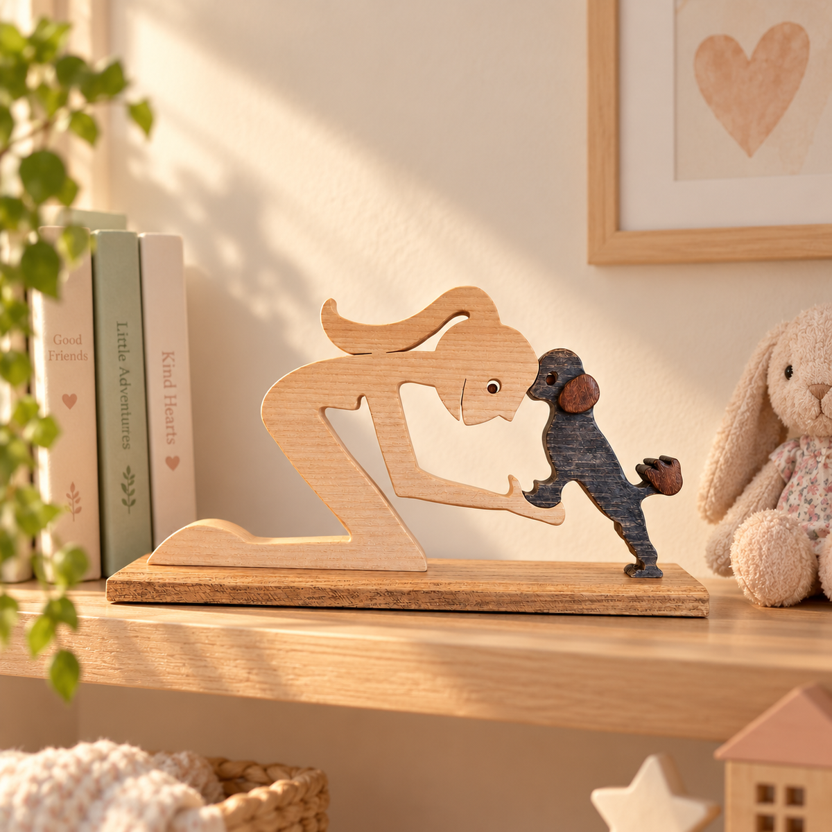 Girl and Poodle Companions, Handmade Wooden Sculpture