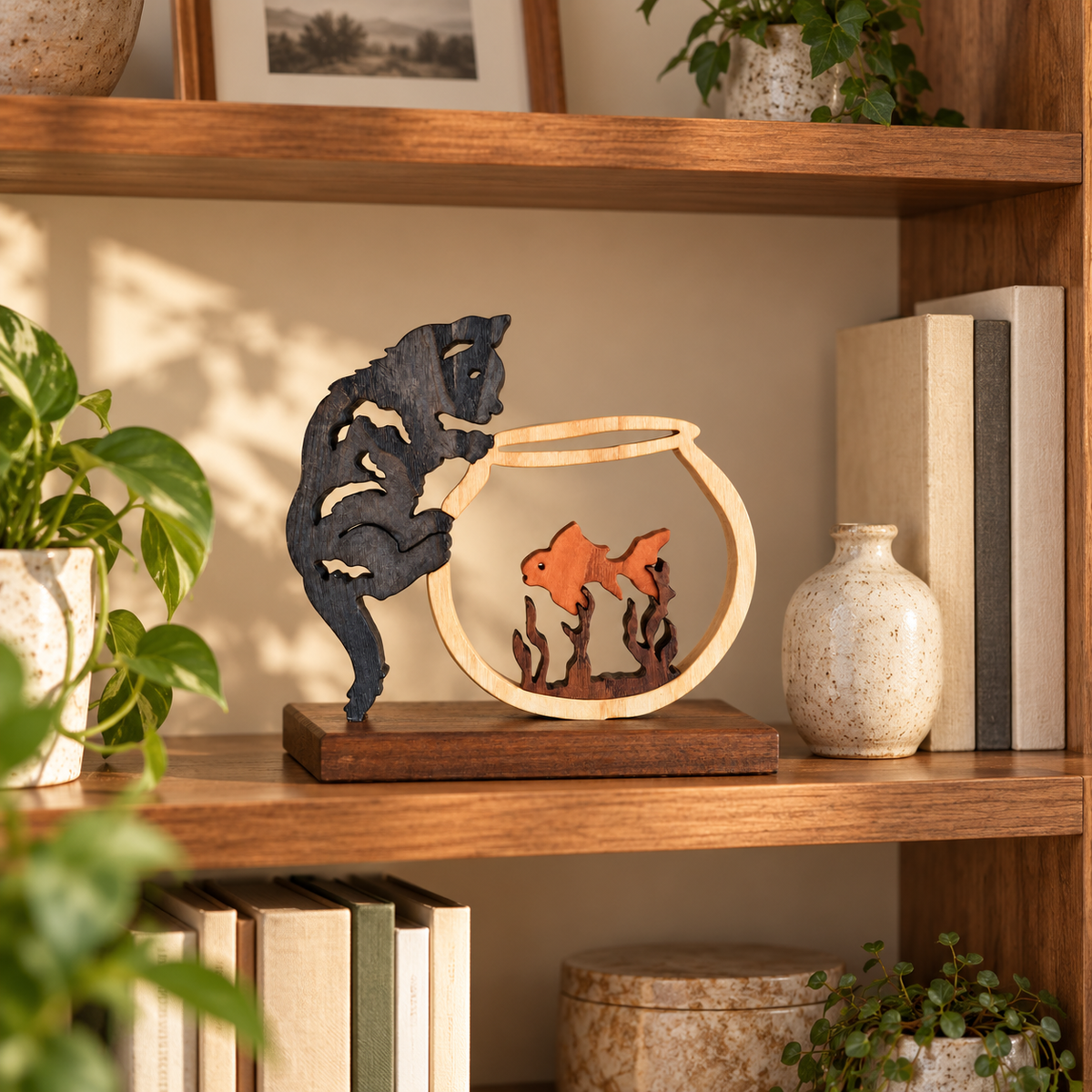 Feline Curiosity – Handmade Wooden Cat and Fish Sculpture