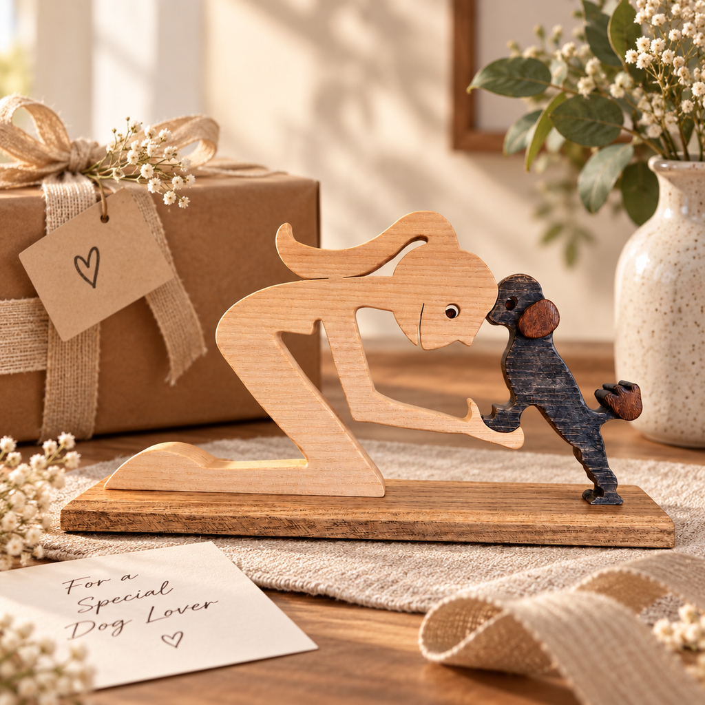 Girl and Poodle Companions, Handmade Wooden Sculpture
