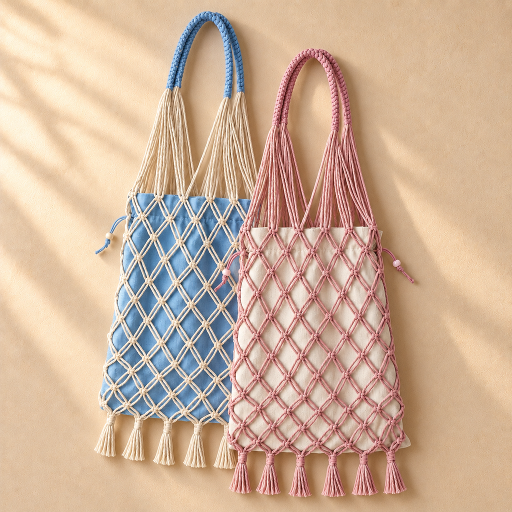 Open Weave Macrame Shoulder Bag, Handmade Cotton Tote