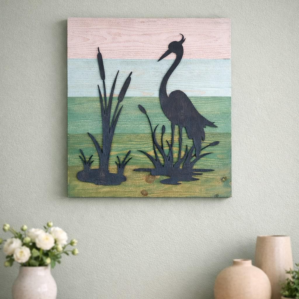 Guardião da Lagoa – Handgefertigte Wandkunst aus Holz mit Reiher-Natur-Silhouette