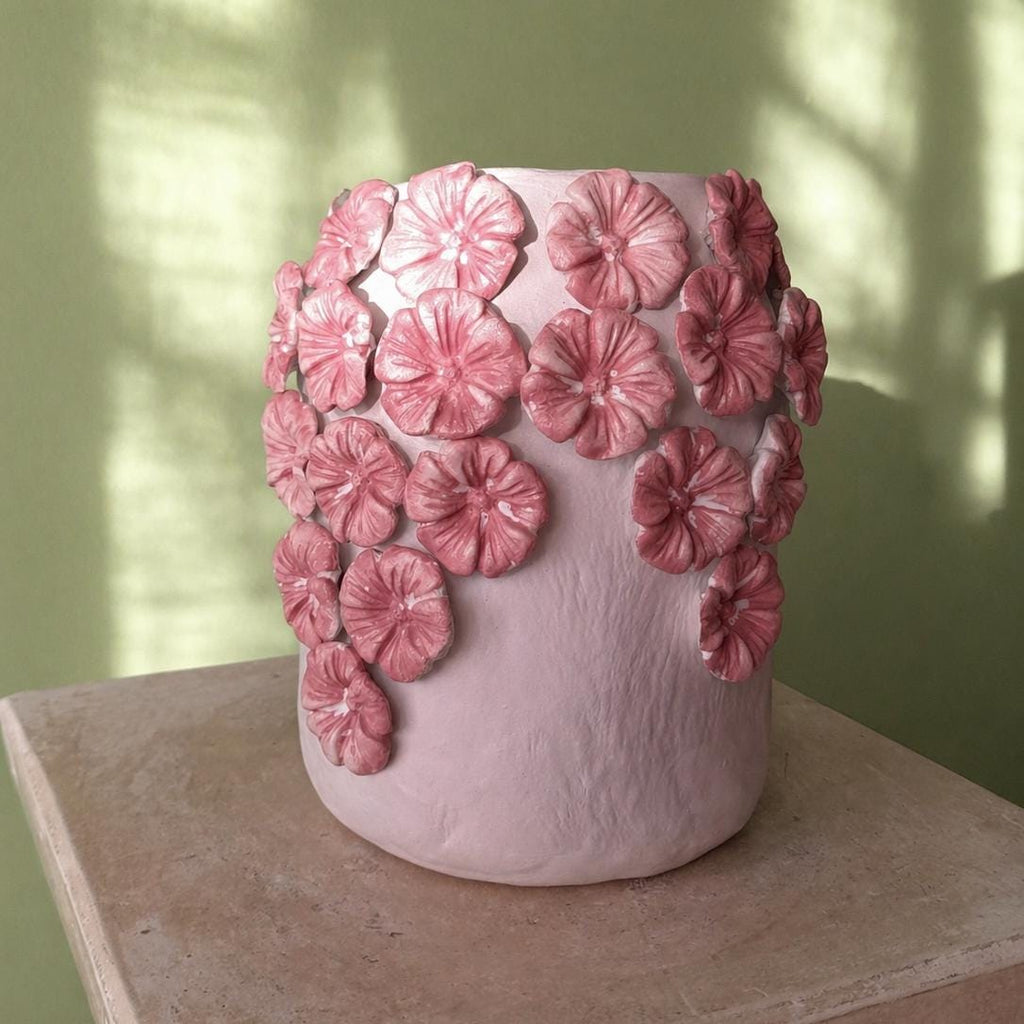 Hydrangea Vase – Handmade Air Dry Clay Sculpture with Sculpted Floral Detail