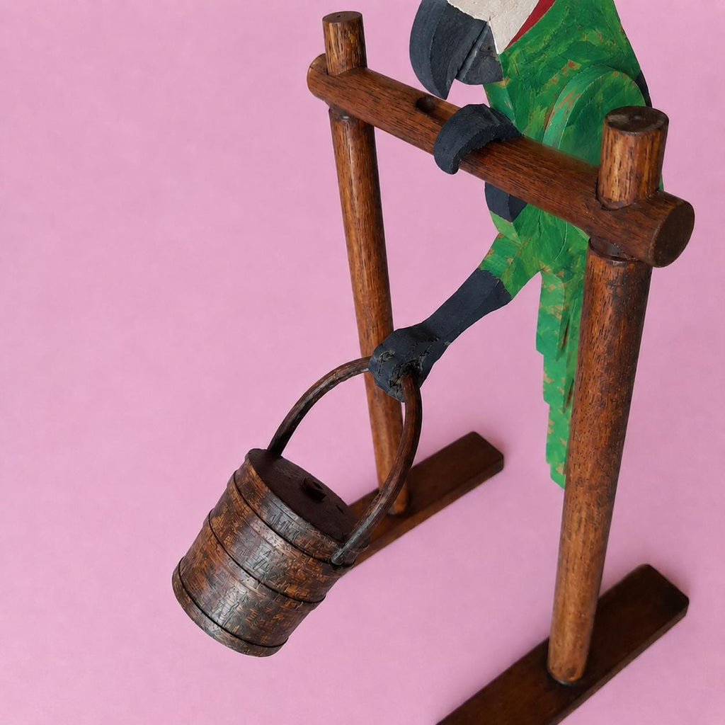 Handpainted Wooden Parrot Sculpture – Balancing Bird with Swinging Barrel