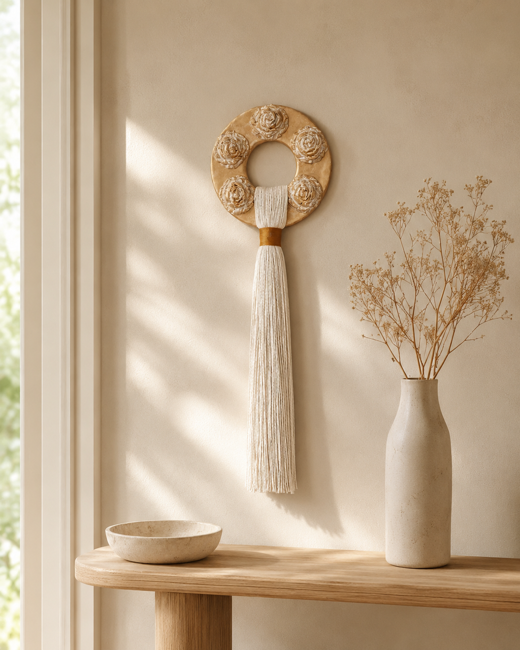 Boho Wall Hanging Handmade Air Dry Clay and Cotton, Choose One or Full Set – One of a Kind Neutral Fiber Wall Art