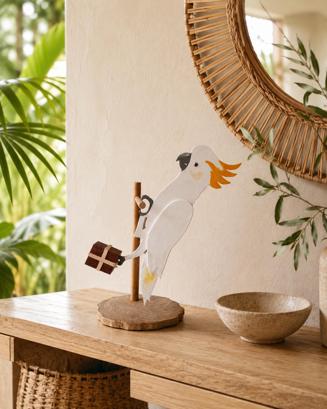 Cockatoo Sculpture – Handmade Wooden Tropical Bird Figurine with Parcel Detail