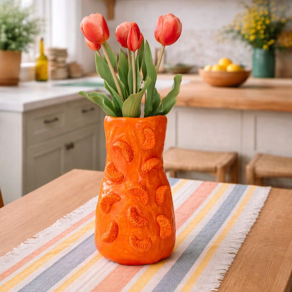 Orange Vase – Handmade Air Dry Clay Sculpture with Sculpted Citrus Segments