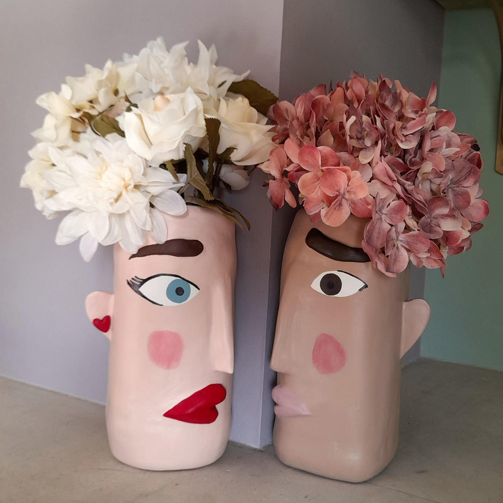 Couple Face Vase Set – Handmade Air Dry Clay His & Hers Sculptural Vases