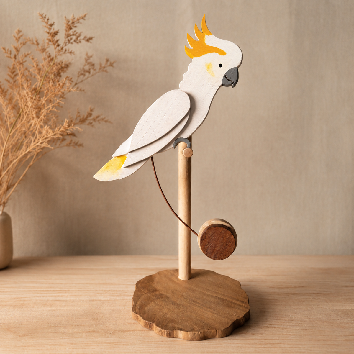 Cockatoo Sculpture – Handmade Wooden Tropical Bird Figurine on Balancing Stand
