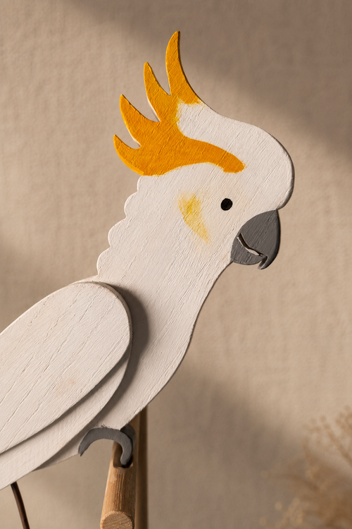 Sculpture de Cacatoès – Figurine en Bois Faite Main d'Oiseau Tropical avec Colis