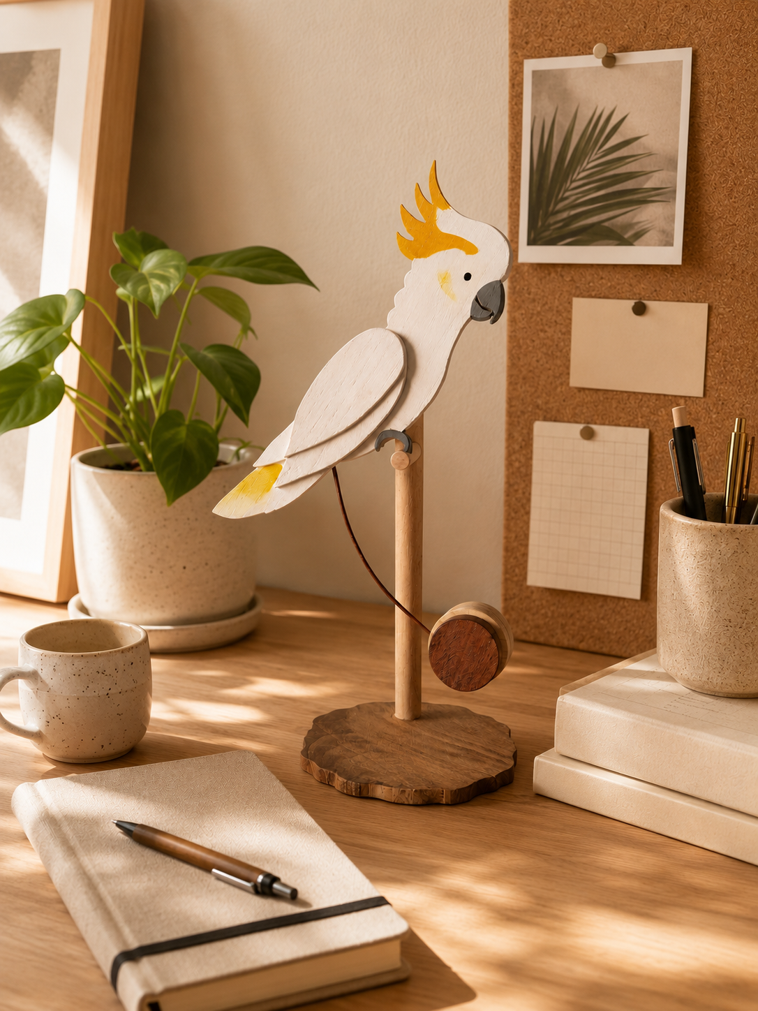 Cockatoo Sculpture – Handmade Wooden Tropical Bird Figurine on Balancing Stand