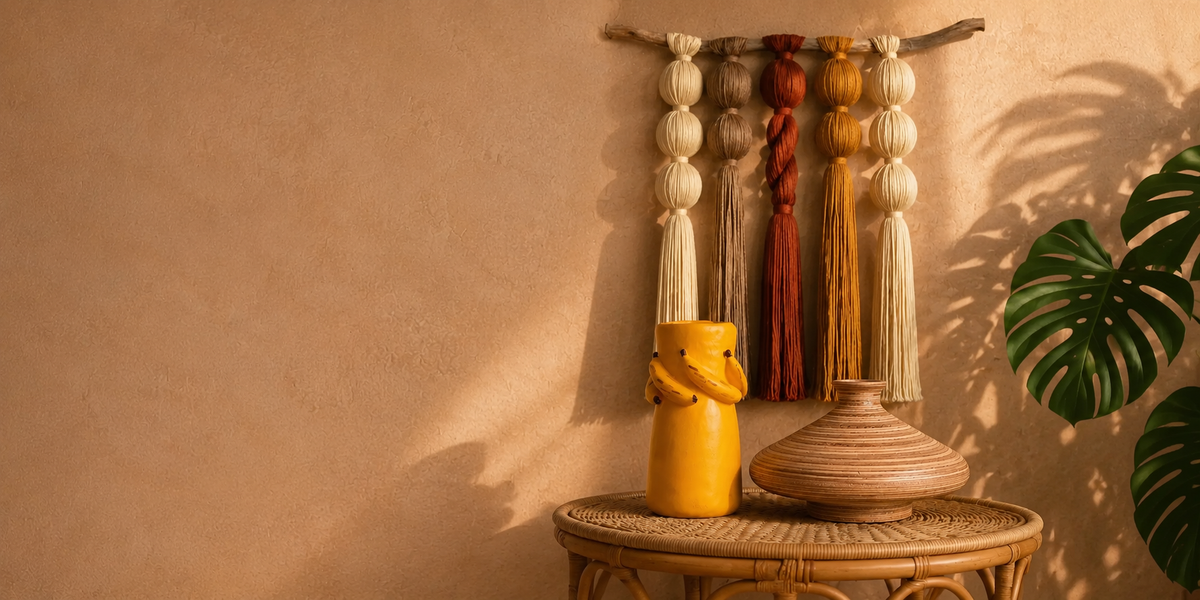 cover with wood and clay vases and macrame mural