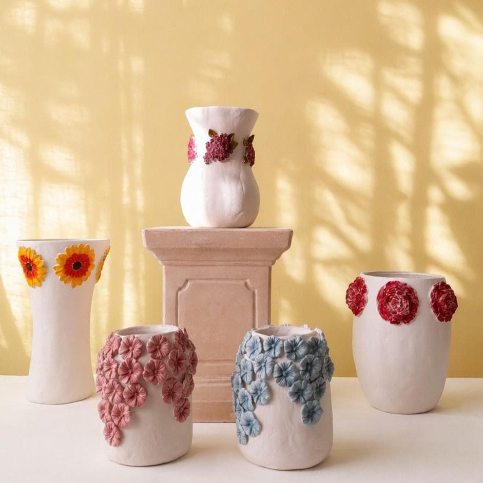 Gerbera Vase – Handmade Air Dry Clay Sculpture with Yellow Floral Relief